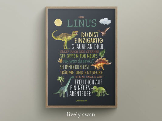 Personalisiertes Geschenk zum Schulanfang, Dinosaurier, Poster mit Sprüchen für's Schulkind