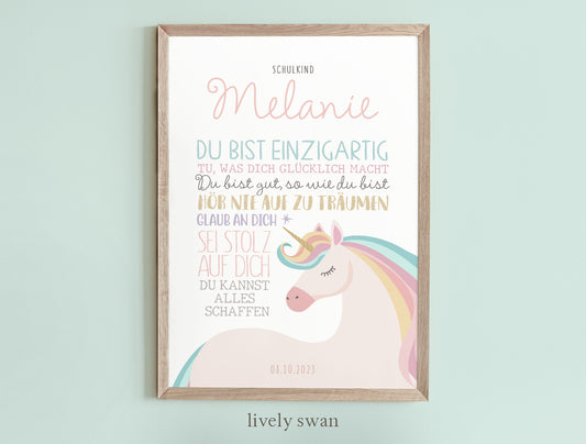 Personalisiertes Geschenk zum Schulanfang, Einhorn, Poster mit Sprüchen für's Schulkind