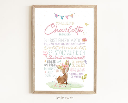 Personalisiertes Geschenk zum Schulanfang, Reh, Poster mit Sprüchen für's Schulkind