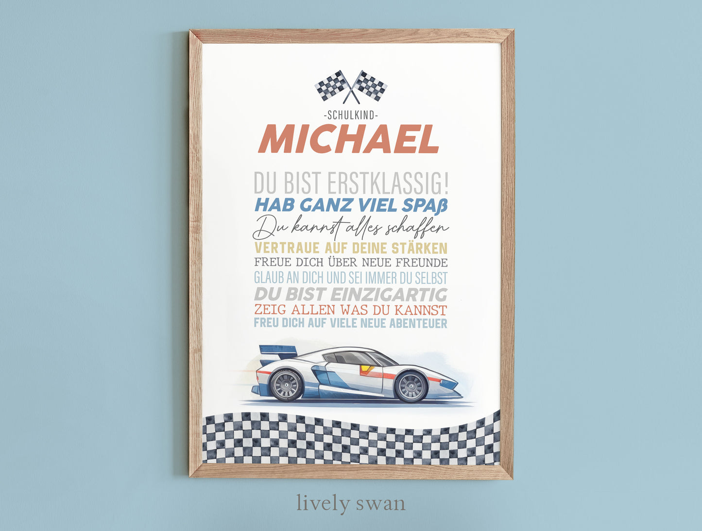 Personalisiertes Geschenk zum Schulanfang, Auto, Poster mit Sprüchen für's Schulkind