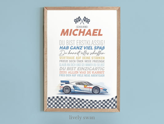 Personalisiertes Geschenk zum Schulanfang, Auto, Poster mit Sprüchen für's Schulkind