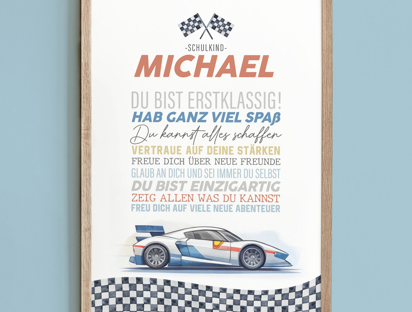 Personalisiertes Geschenk zum Schulanfang, Auto, Poster mit Sprüchen für's Schulkind